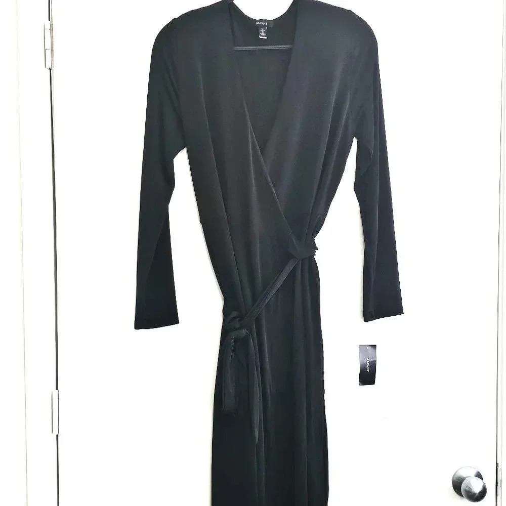 Alfani Women's‎ Deep Black Petite Belted Wrap Surplice Neck Dress Med NWT - Picture 2 of 7